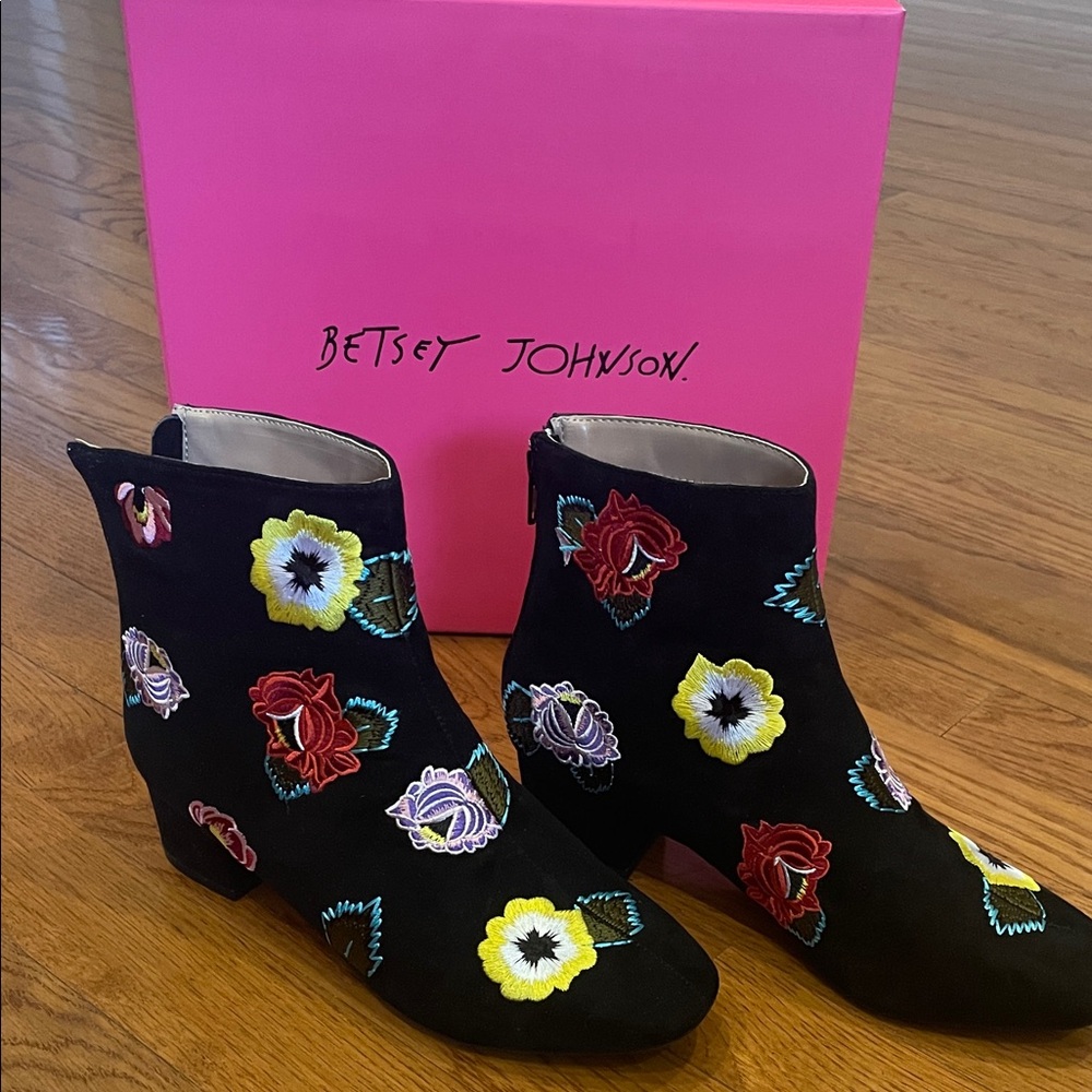 Betsey Johnson Black Ankle Boots with Colorful Floral Embroidery